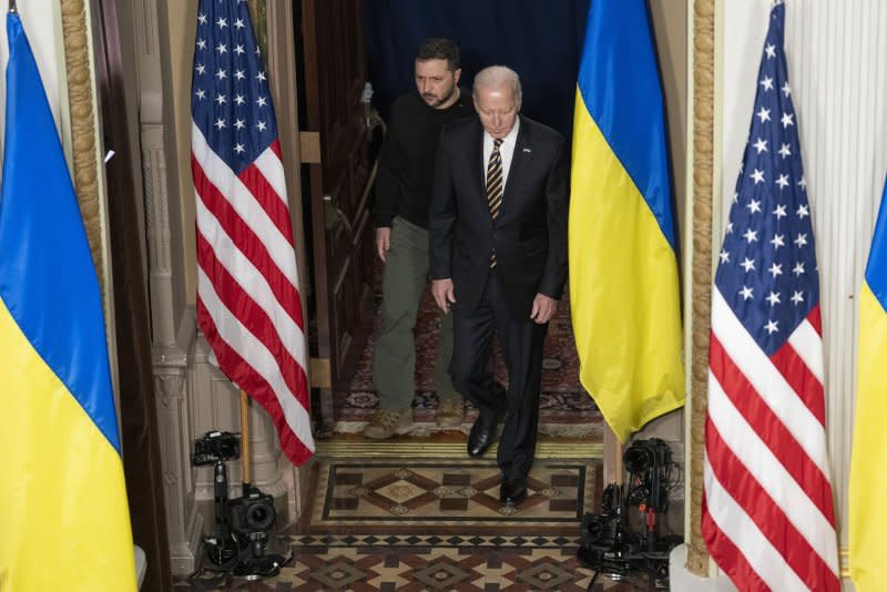 U.S. President Joe Biden (R) and Ukrainian President Volodymyr Zelenskyy participate in a news conference in the Indian Treaty Room of the Eisenhower Executive Office Building in Washington, D.C., on Tuesday. Pool Photo by Chris Kleponis/Consolidated News Photos