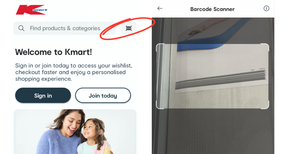 Kmart app (left) and barcode (right).