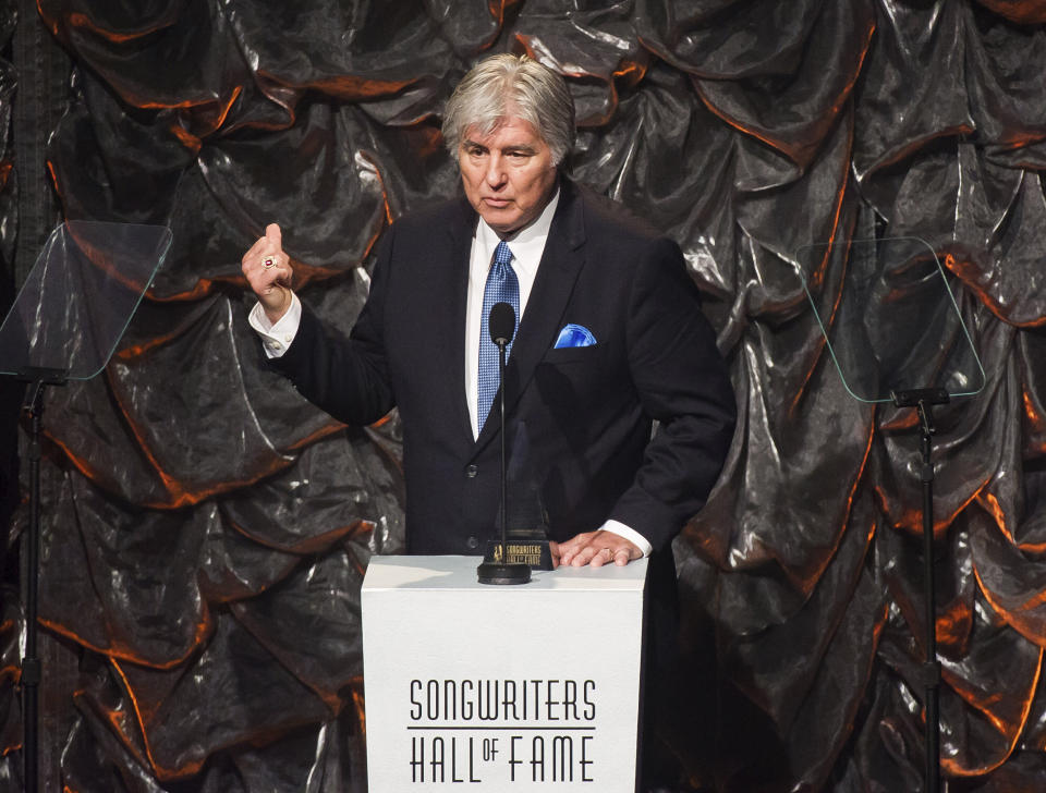 FILE - In this June 12, 2014 file photo, Jim Weatherly speaks at the Songwriters Hall of Fame Awards in New York. Weatherly, who wrote hit songs like “Midnight Train to Georgia," has died. He was 77. (Photo by Charles Sykes/Invision/AP, File)