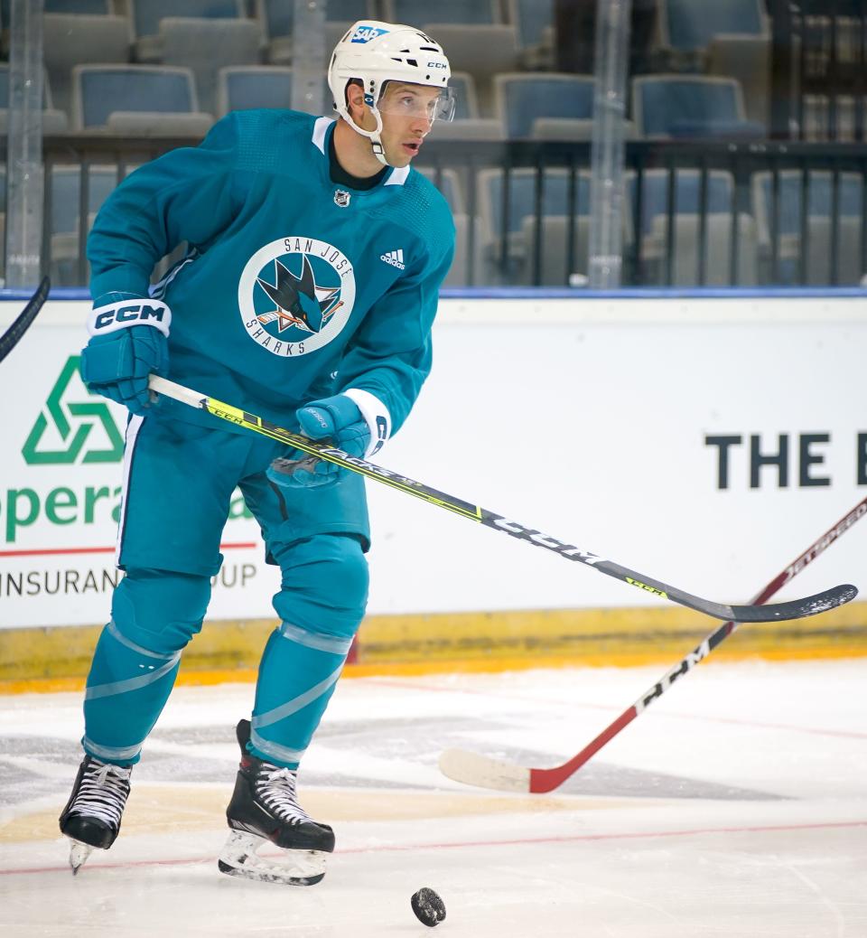 San Jose Sharks center Nick Bonino (13) skates during a morning skate prior to their season opener against the Nashville Predators at the O2 Arena in Prague, Czech Republic, Friday, Oct. 7, 2022.