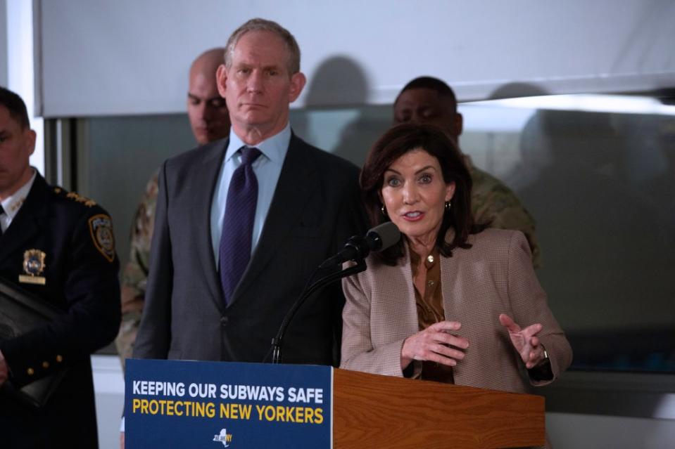 Gov. Kathy Hochul and Lieber at a press conference at the agency’s rail control center in Manhattan this week where Hochul announced she was sending in the National Guard. James Messerschmidt