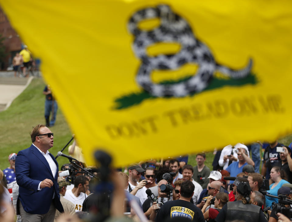 Alex Jones from Infowars.com speaks during a rally in support of Republican presidential candidate Donald Trump near the Republican National Convention in 2016. (Photo: Lucas Jackson / Reuters)