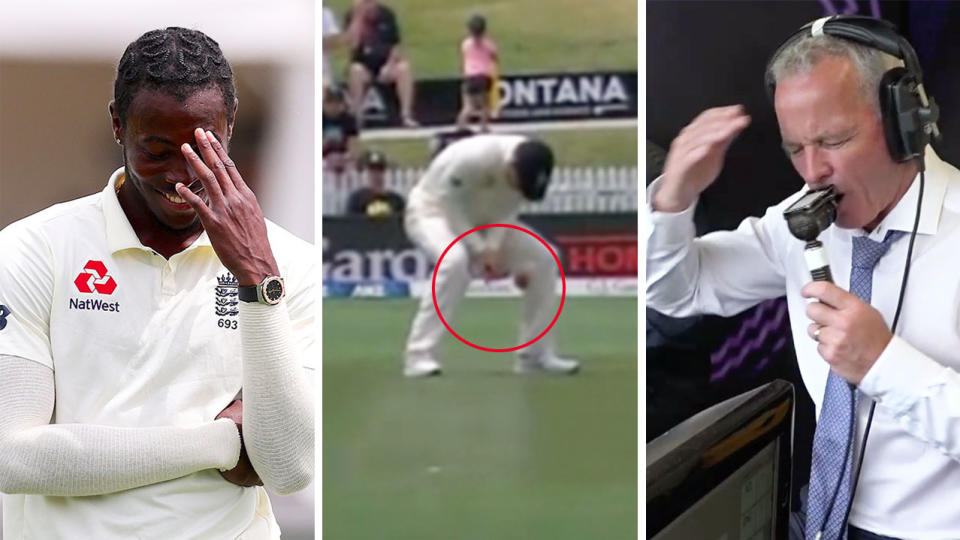 Joe Denly drops a sitter while the commentators and Jofra Archer can't believe it.