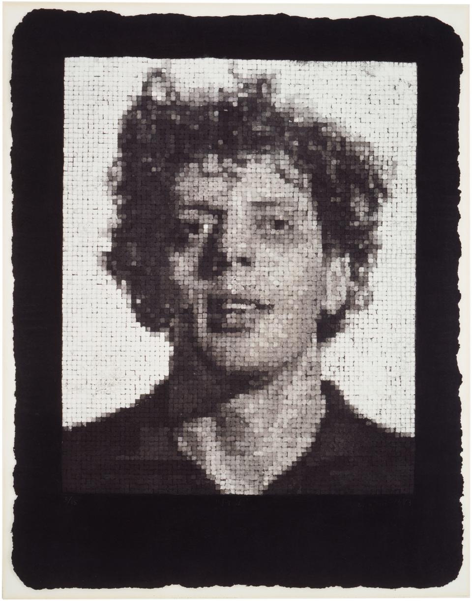 Phil III by Chuck Close, 1982. Handmade black paper, press dried.