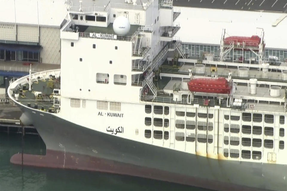 This image from a video shows a freight ship in Fremantle, Australia Tuesday, May 26, 2020. A coronavirus cluster was detected on Tuesday on the ship berthed in the Australian west coast port of Fremantle, raising questions about why local authorities weren’t alerted to the danger. (AuBC/CHANNEL 7/CHANNEL 9 via AP)