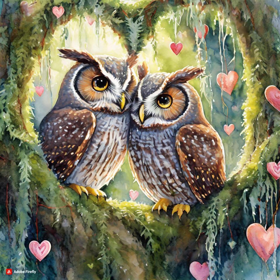 Adobe Firefly AI photo generator was told to create a realistic painting of two owls "kissing" in a tree, with hearts and Spanish moss surrounding them.