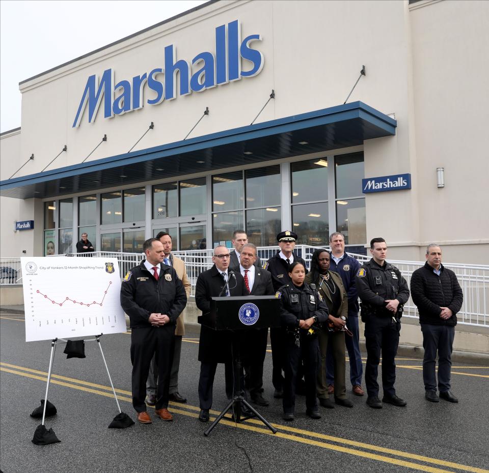 Yonkers Police Commissioner Christopher Sapienza, delivers remarks during a city of Yonkers Anti-Shoplifting Law Enforcement Initiative briefing, at the Gateway Center in Yonkers, March 2, 2023.