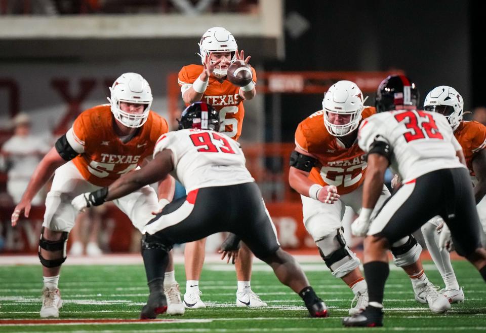 Texas quarterback Arch Manning didn't get into his first game as a Longhorn until the fourth quarter of the regular-season finale against Texas Tech, and even then only because regular backup quarterback Maalik Murphy had gotten injured on the UT sideline minutes before. Manning has thrown five passes so far.
