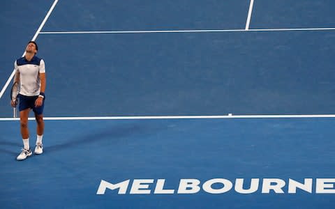 Serbia's Novak Djokovic reacts during his fourth round match against South Korea's Chung Hyeon at the Australian Open tennis championships in Melbourne, Australia, Monday, Jan. 22, 2018 - Credit: AP