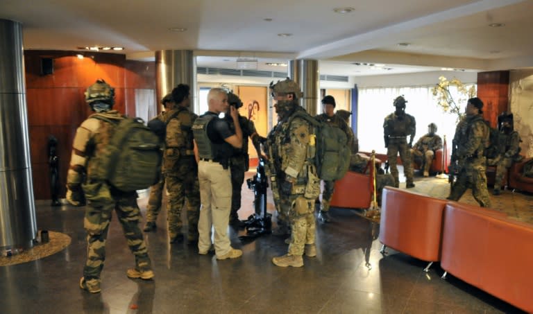 French special forces inside the Radisson Blu hotel in Bamako on November 20, 2015, after an assault ended a nine-hour siege in which 20 people died after gunmen held around 170 guests and staff hostage