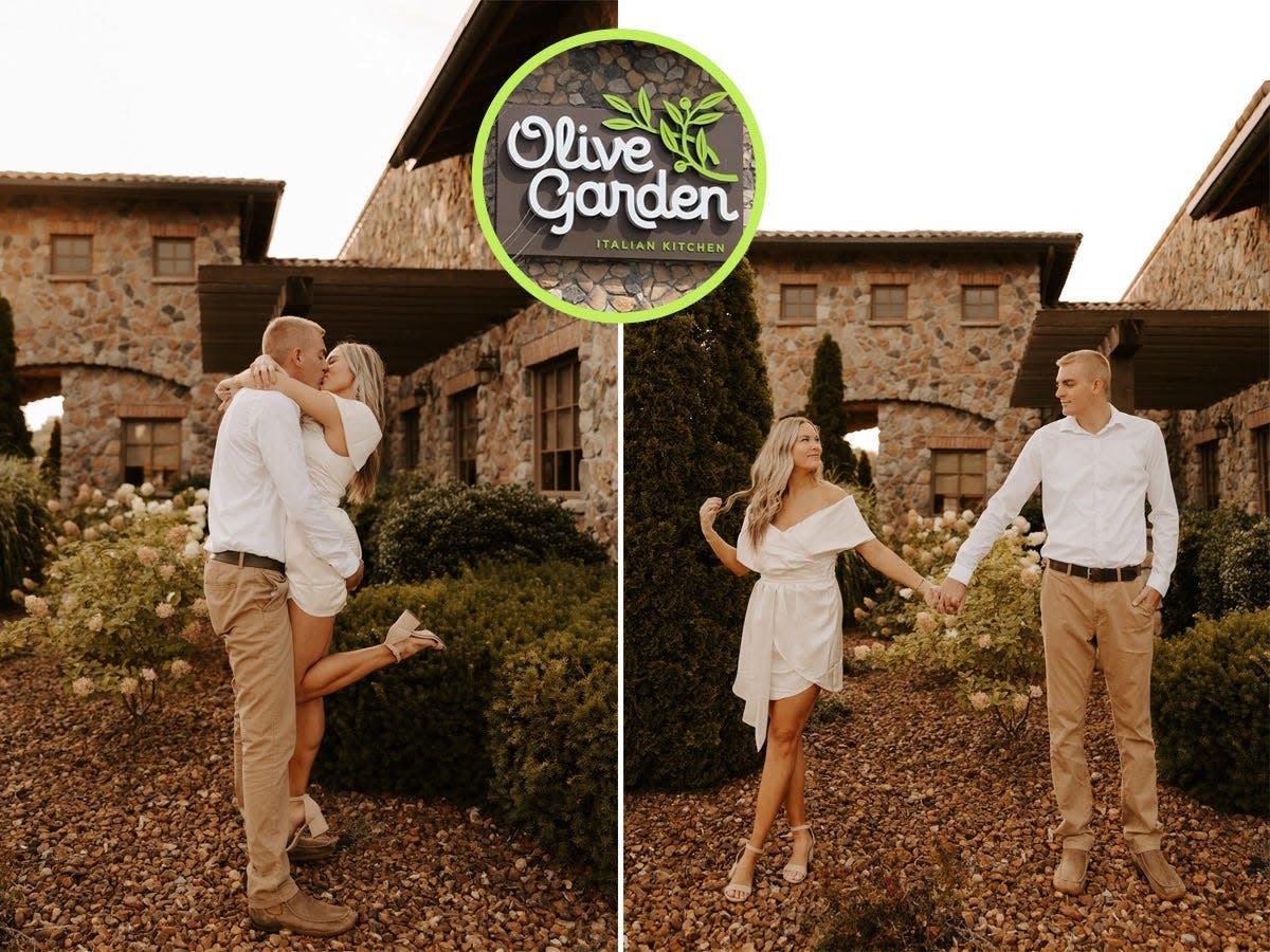 A side-by-side of a couple kissing and hte same couple holding hands and looking at each other with an inset of the Olive Garden logo.