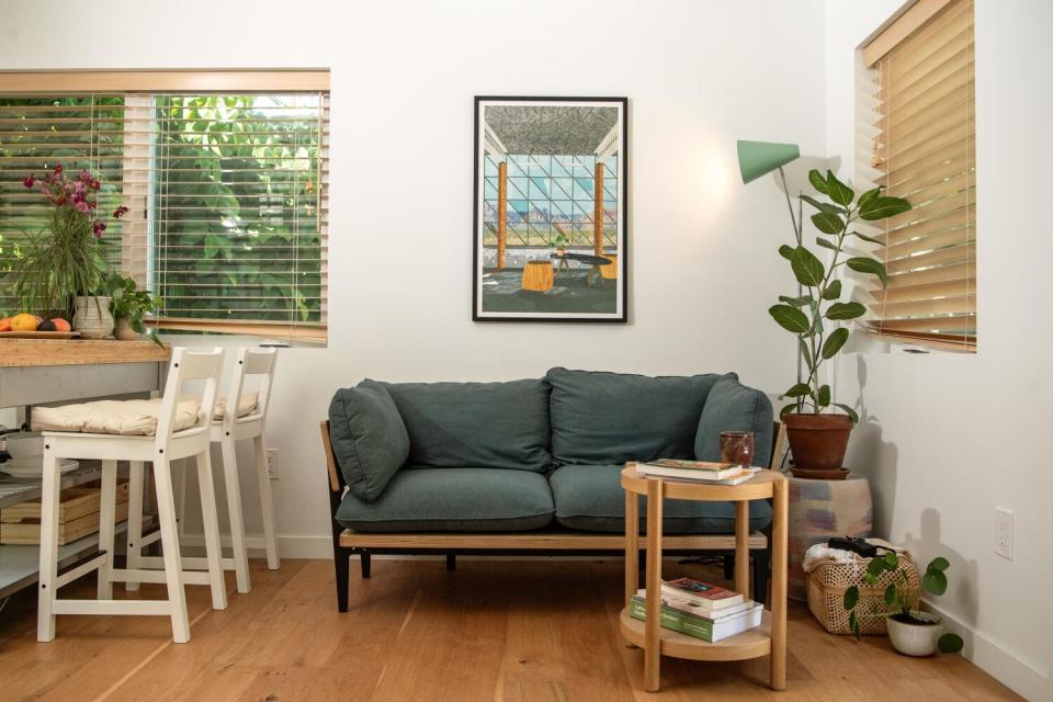 The living room and kitchen of Alex Mason and Nicole Lemoine's ADU.