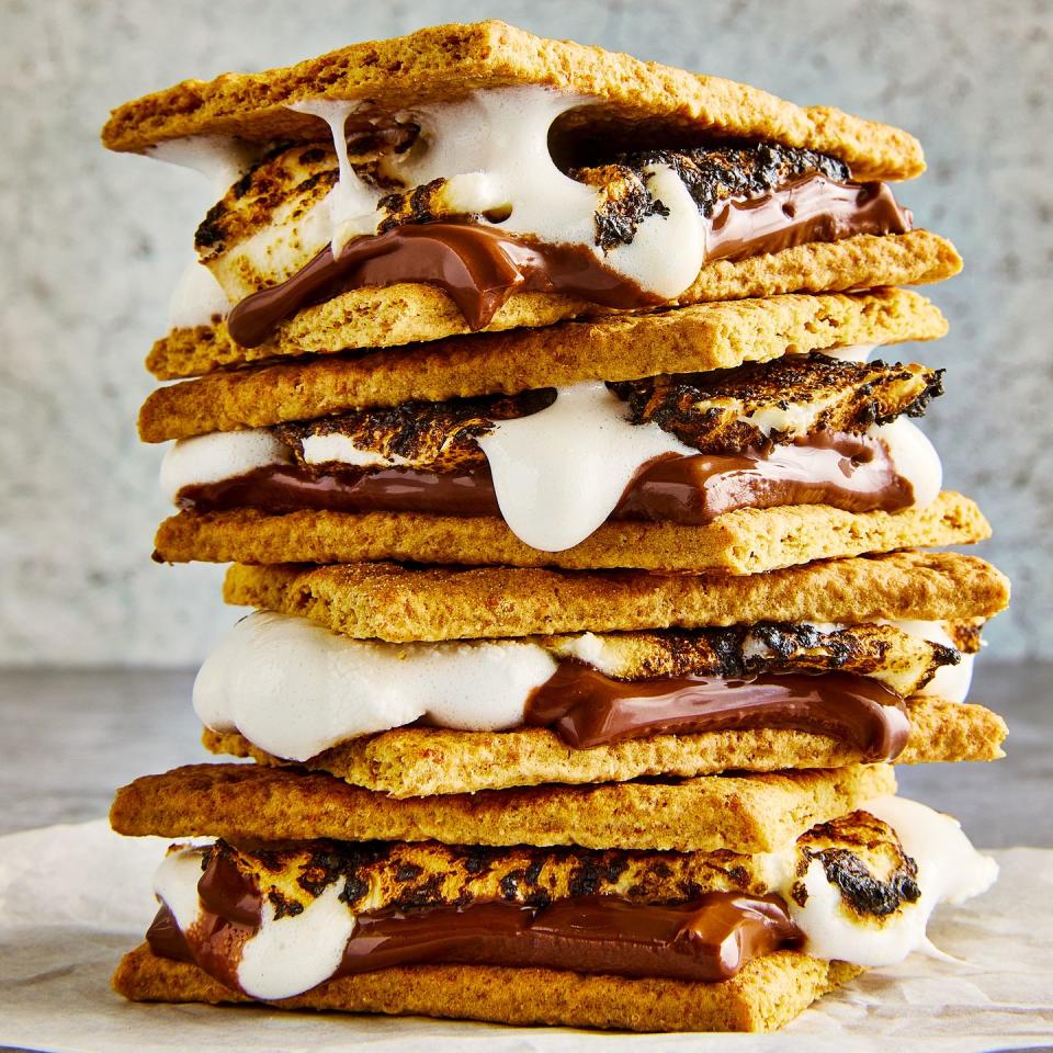 classic s'mores with graham crackers, toasty marshmallows, and melty chocolate