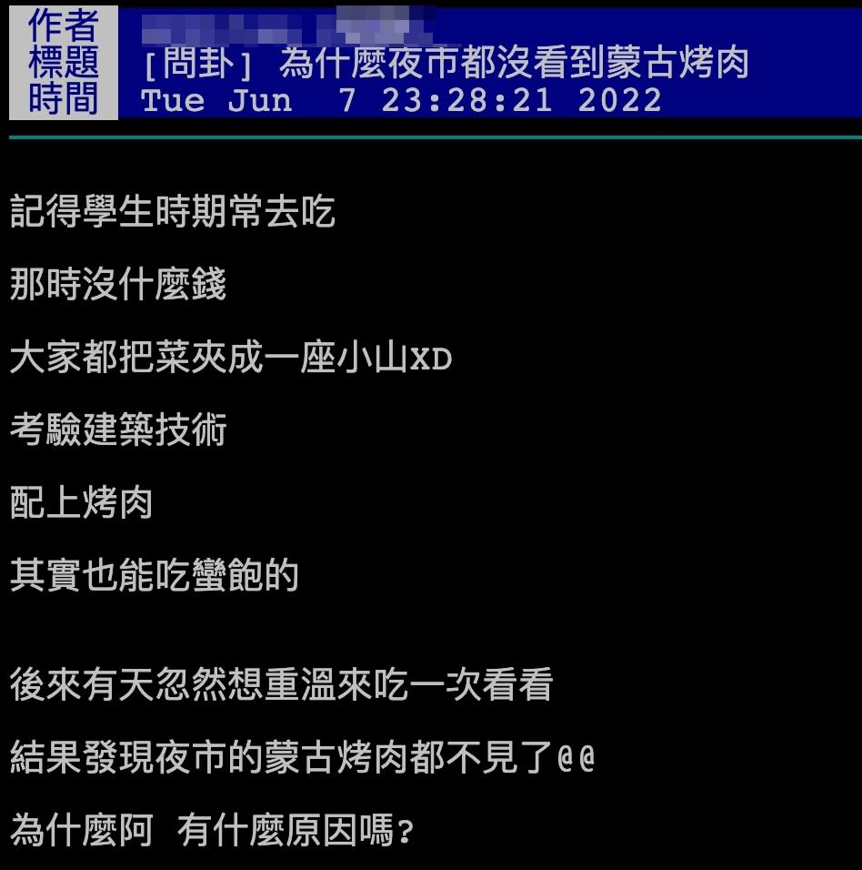 網友以標題「為什麼夜市沒看到蒙古烤肉」發文。（圖／翻攝自PTT）