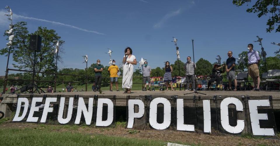 Alondra Cano, a city council member, speaks at Powderhorn Park on Sunday.