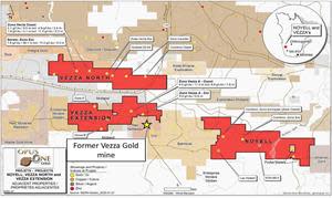 Shows the Opus One Gold Corp projects location along with different gold showings found on those claims over the years