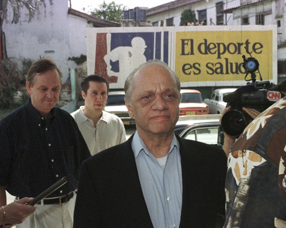 FILE - Peter Angelos, owner of the Baltimore Orioles, arrives Sunday Jan.17, 1999, at the Latino Americano baseball stadium in Havana, Cuba, to watch a baseball game between the Cuban teams Industriales and Santa Clara. Peter Angelos, owner of a Baltimore Orioles team that endured long losing stretches and shrewd proprietor of a law firm that won high-profile cases against industry titans, died Saturday, March 23, 2024. He was 94.(AP Photo/Jorge Rey, File)