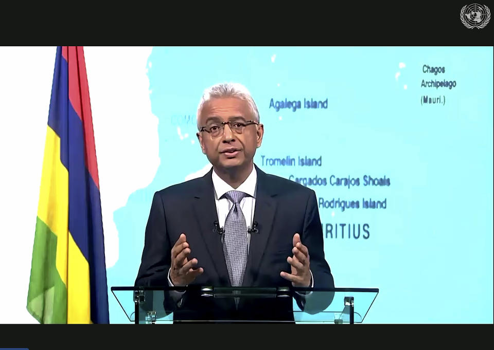 In this photo made from UNTV video, Pravind Kumar Jugnauth, Prime Minister of Mauritius, speaks in a pre-recorded message which was played during the 75th session of the United Nations General Assembly, Saturday, Sept. 26, 2020, at UN Headquarters. (UNTV Via AP )