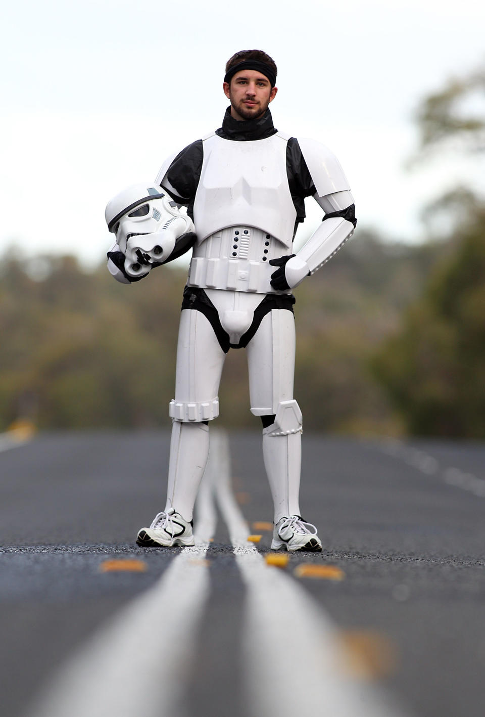 PERTH, AUSTRALIA - JULY 15: Stormtrooper Paul French is pictured on day 5 of his over 4,000 kilometre journey from Perth to Sydney approximately 25 kilometres from Mandurah on July 15, 2011 in Perth, Australia. French aims to walk 35-40 kilometres a day, 5 days a week, in full Stormtrooper costume until he reaches Sydney. French is walking to raise money for the Starlight Foundation - an organisation that aims to brighten the lives of ill and hostpitalised children in Australia. (Photo by Paul Kane/Getty Images)