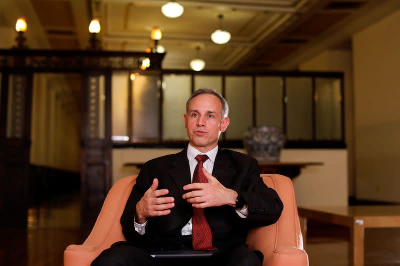 Mexico's deputy Health Minister Hugo Lopez-Gatell gestures as he speaks during an interview with Reuters in Mexico City