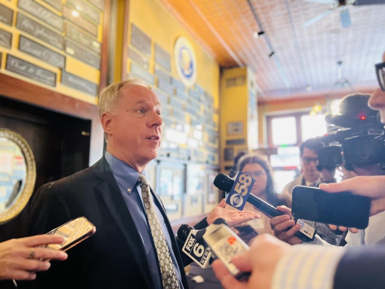 Assembly Speaker Robin Vos speaks with reporters after answering questions during the Milwaukee Press Club's newsmaker luncheon Friday, May 5, 2023.