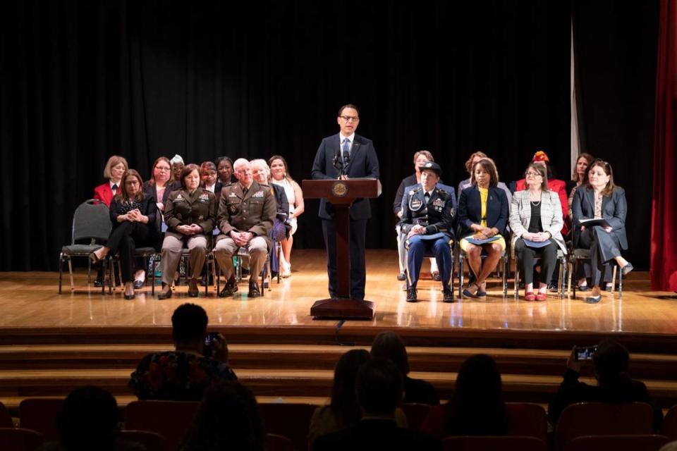 Governor Josh Shapiro speaks during the Pennsylvania Commission for Women’s ceremony honoring Pennsylvania’s female veterans in celebration of Women’s History Month.