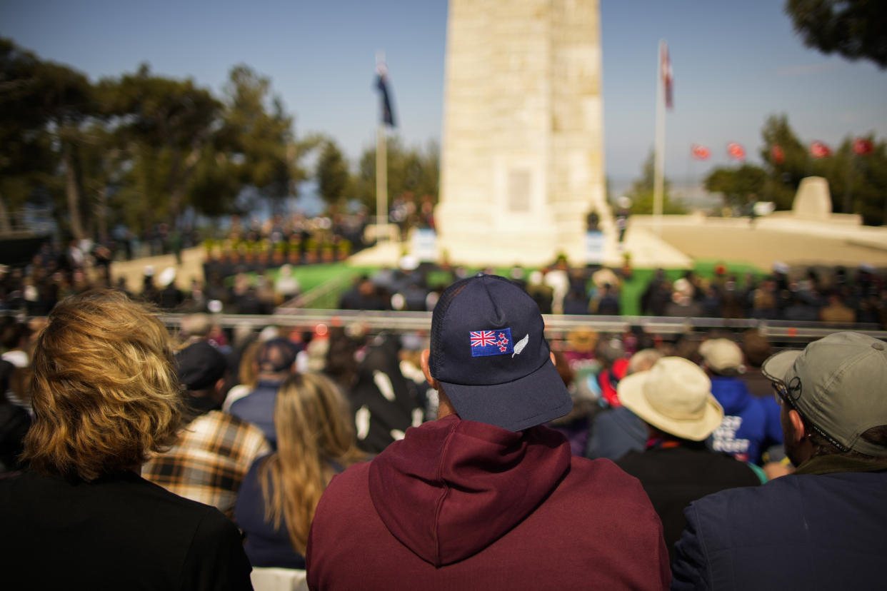 Military personnel and civilians gather at the Chunuk Bair (New Zealand) Memorial following the Dawn Service ceremony at the Anzac Cove beach, the site of World War I landing of the ANZACs (Australian and New Zealand Army Corps) on April 25, 1915, in Gallipoli peninsula, near Canakkale, Turkey, Tuesday, April 25, 2023. Hundreds of people gathered by a beach near the former World War I battlefields on Turkey's Gallipoli Peninsula on Tuesday to pay homage to soldiers from Australia and New Zealand who lost their lives in a disastrous campaign 108 years ago. (AP Photo/Emrah Gurel)