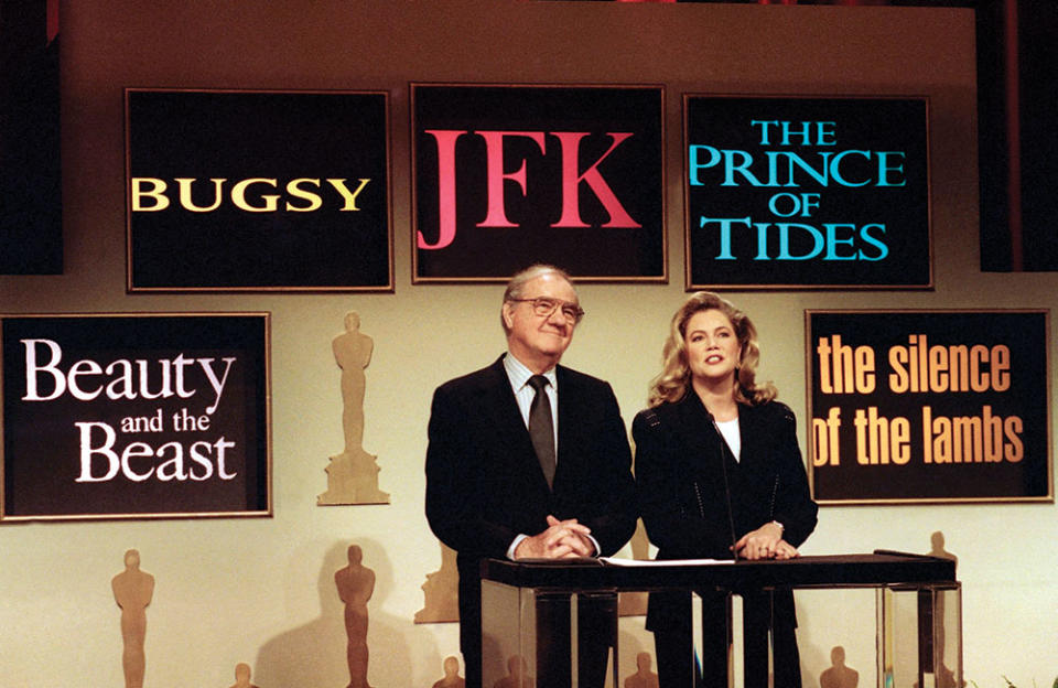 Academy president Karl Malden and Kathleen Turner announced the five best picture nominees on Feb. 19, 1992. - Credit: Nick Ut/AP Images
