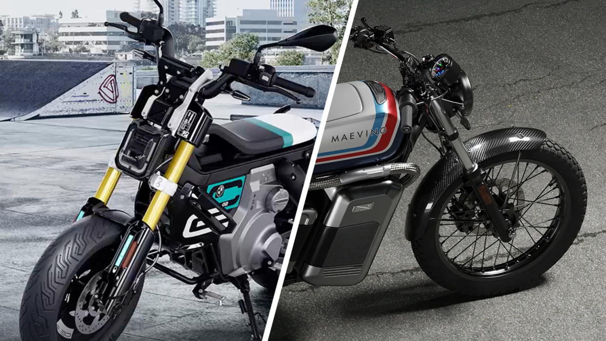  A parked BMW CE 02 and Maeving RM1S electric motorbike. 