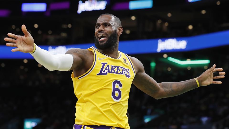 Los Angeles Lakers' LeBron James plays against the Boston Celtics during the second half of an NBA basketball game, Friday, Nov. 19, 2021, in Boston. (AP Photo/Michael Dwyer)