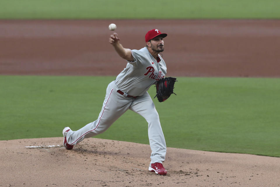 Philadelphia Phillies starting pitcher Zach Eflin throws to a San Diego Padres batter during the first inning of a baseball game Saturday, June 25, 2022, in San Diego. (AP Photo/Derrick Tuskan)