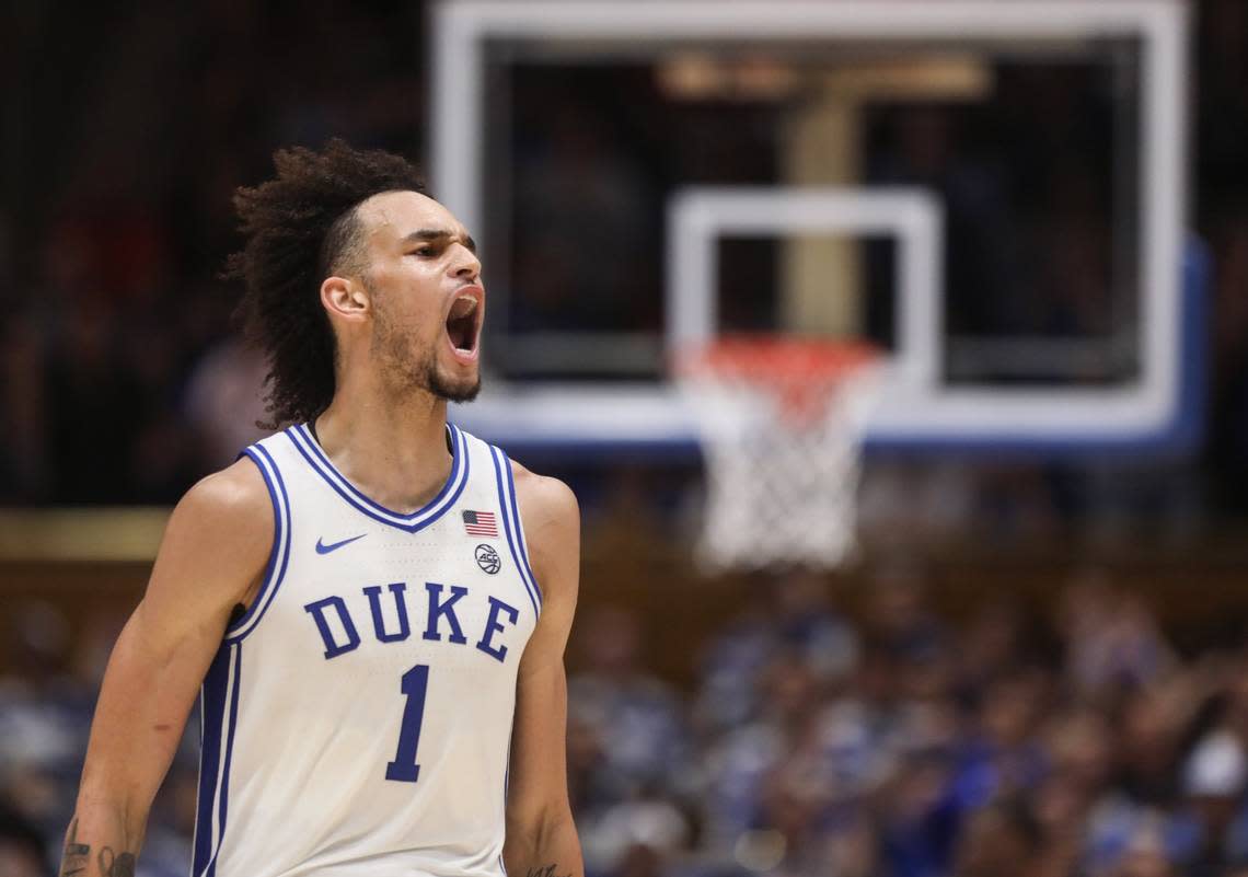 Duke’s Dereck Lively II reacts during the first half of Duke’s final regular-season home game against N.C. State on Tuesday, Feb. 28, 2023, at Cameron Indoor Stadium in Durham, N.C.