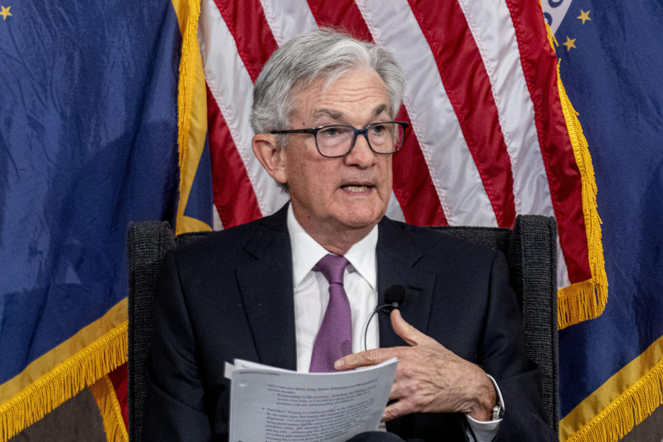 File - Federal Reserve Chairman Jerome Powell speaks during the Thomas Laubach Research Conference at the William McChesney Martin Jr. Federal Reserve Board Building in Washington, Friday, May 19, 2023. On Wednesday, the Federal Reserve releases minutes from its May meeting when it raised its benchmark lending rate by another 25 basis points. The inflation data set will be a critical economic indicator ahead of the Federal Reserve's monetary policy decision on Wednesday. (AP Photo/Andrew Harnik, File)