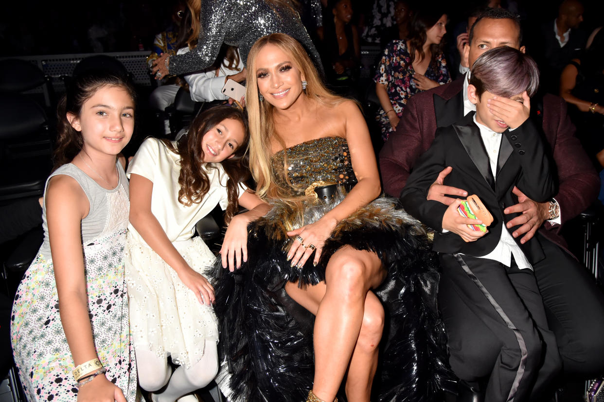 Jennifer Lopez with daughter Emme, son Max, and Alex Rodriguez during the 2018 MTV Video Music Awards at Radio City Music Hall on August 20, 2018 in New York City. (Photo by Jeff Kravitz/FilmMagic)