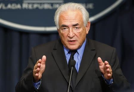 Former International Monetary Fund (IMF) chief Dominique Strauss-Kahn speaks during a news conference in the Serbian government building in Belgrade September 17, 2013. REUTERS/Marko Djurica