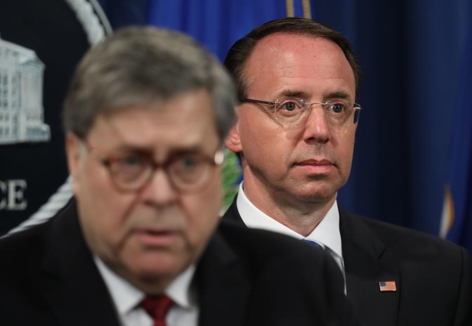 Deputy Attorney General Rod Rosenstein joins U.S. Attorney General William Barr as he speaks during a press conference on the release of the redacted version of the Mueller Report.