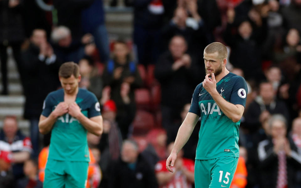 Soccer Football - Premier League - Southampton v Tottenham Hotspur - St Mary's Stadium, Southampton, Britain - March 9, 2019  Tottenham's Eric Dier and Jan Vertonghen react after the match    Action Images via Reuters/Paul Childs  EDITORIAL USE ONLY. No use with unauthorized audio, video, data, fixture lists, club/league logos or "live" services. Online in-match use limited to 75 images, no video emulation. No use in betting, games or single club/league/player publications.  Please contact your account representative for further details.