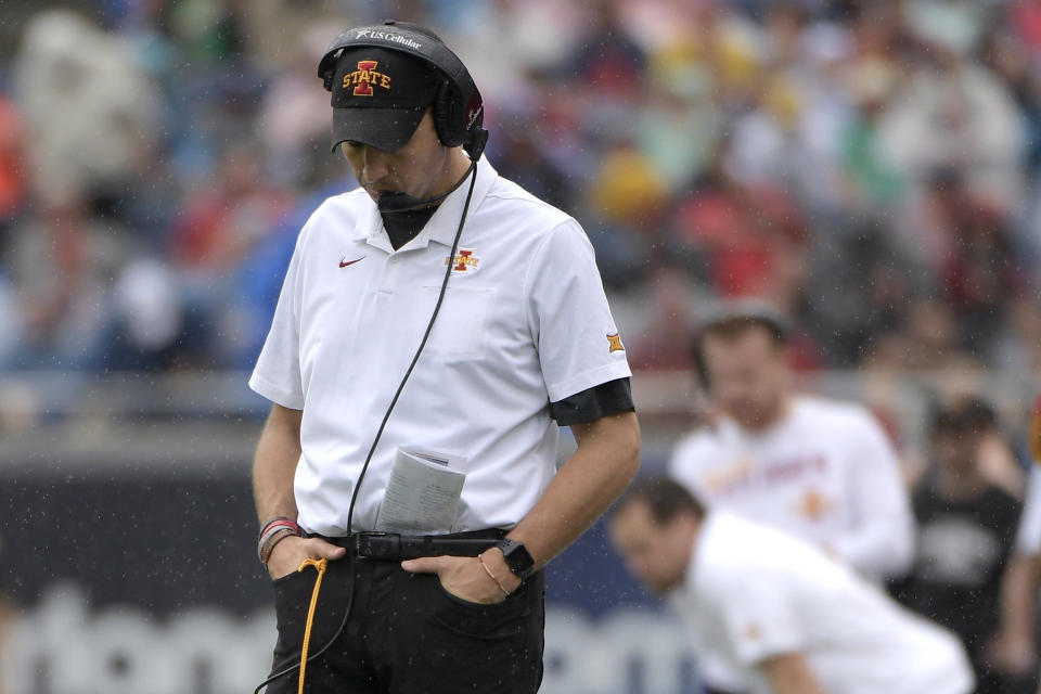 Iowa State head coach Matt Campbell reacts on the sideline after a touchdown by Notre Dame running back Jafar Armstrong during the first half of the Camping World Bowl NCAA college football game Saturday, Dec. 28, 2019, in Orlando, Fla. (AP Photo/Phelan M. Ebenhack)