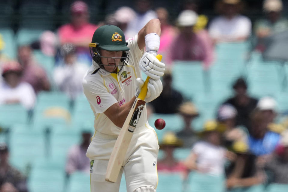 Australia's Marnus Labuschagne bats against England during the fourth day of their Ashes cricket test match in Sydney, Saturday, Jan. 8, 2022. (AP Photo/Rick Rycroft)