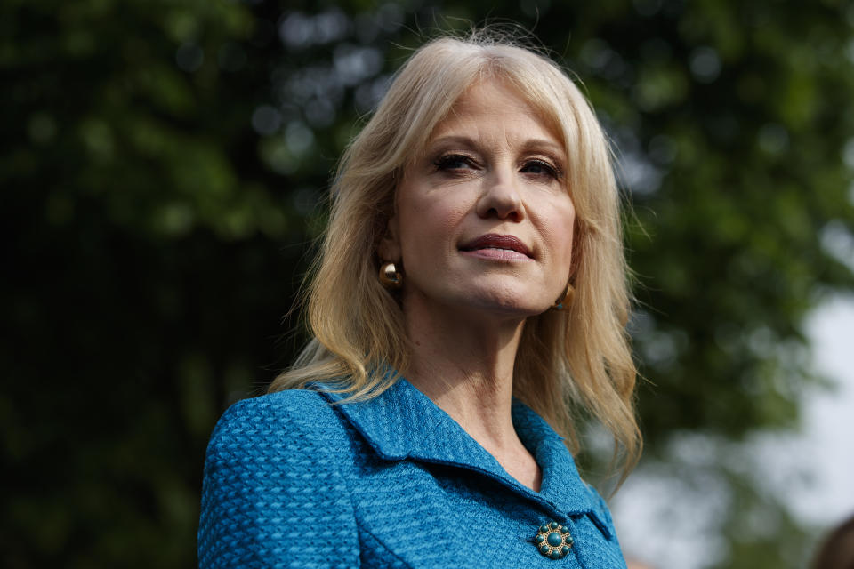 In this April 30, 2019 photo, White House counselor Kellyanne Conway talks with reporters outside the White House in Washington. A federal watchdog is recommending that President Donald Trump remove counselor Kellyanne Conway from federal service for repeatedly violating the Hatch Act by repeatedly disparaging Democratic presidential candidates while speaking in her official capacity during television interviews and on social media. (AP Photo/Evan Vucci)