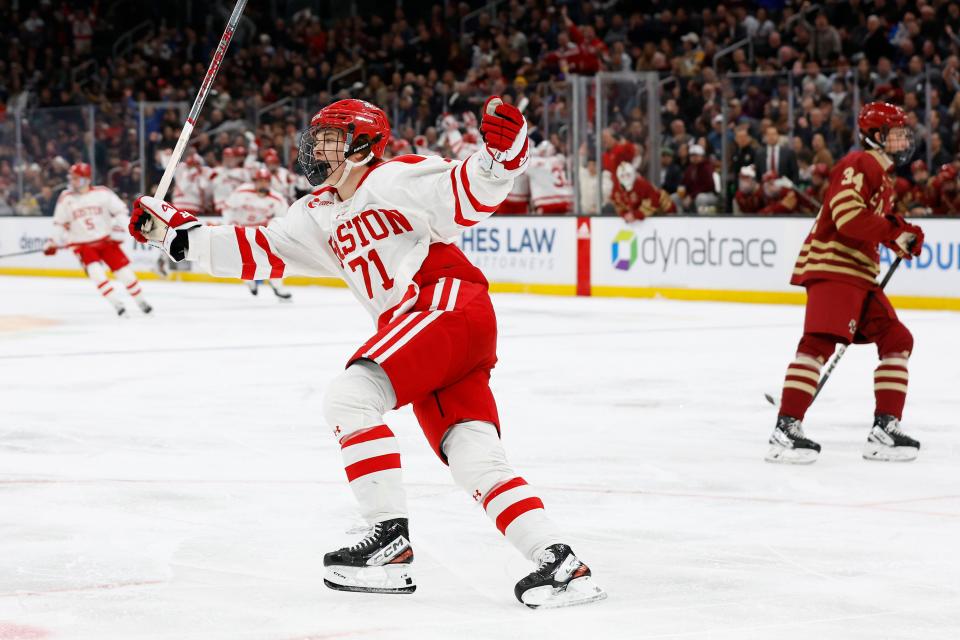 BOSTON, MA - FEBRUARY 05: Macklin Celebrini #71 of the Boston University Terriers celebrates his goal against the Boston College Eagles during the first period of the semifinals of the Beanpot Tournament at TD Garden on February 5, 2024 in Boston, Massachusetts. (Photo By Winslow Townson/Getty Images) ORG XMIT: 776088720 ORIG FILE ID: 1981169956