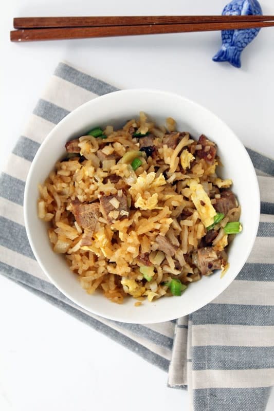 <p>Inspiralized</p><p><strong>Get the recipe here: <a href="https://inspiralized.com/pork-fried-turnip-rice" rel="nofollow noopener" target="_blank" data-ylk="slk:Pork Fried “Turnip” Rice;elm:context_link;itc:0;sec:content-canvas" class="link rapid-noclick-resp">Pork Fried “Turnip” Rice</a></strong></p>
