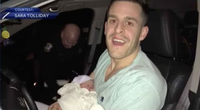 Her husband had called 911 for assistance with the delivery but the baby had other ideas. Source: WMUR 9/ Sara Tolliday