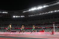 <p>TOKYO, JAPAN - JULY 31: Elaine Thompson-Herah of Team Jamaica celebrates before crossing the finish line to win the gold medal in the Women's 100m Final on day eight of the Tokyo 2020 Olympic Games at Olympic Stadium on July 31, 2021 in Tokyo, Japan. (Photo by Michael Steele/Getty Images)</p> 