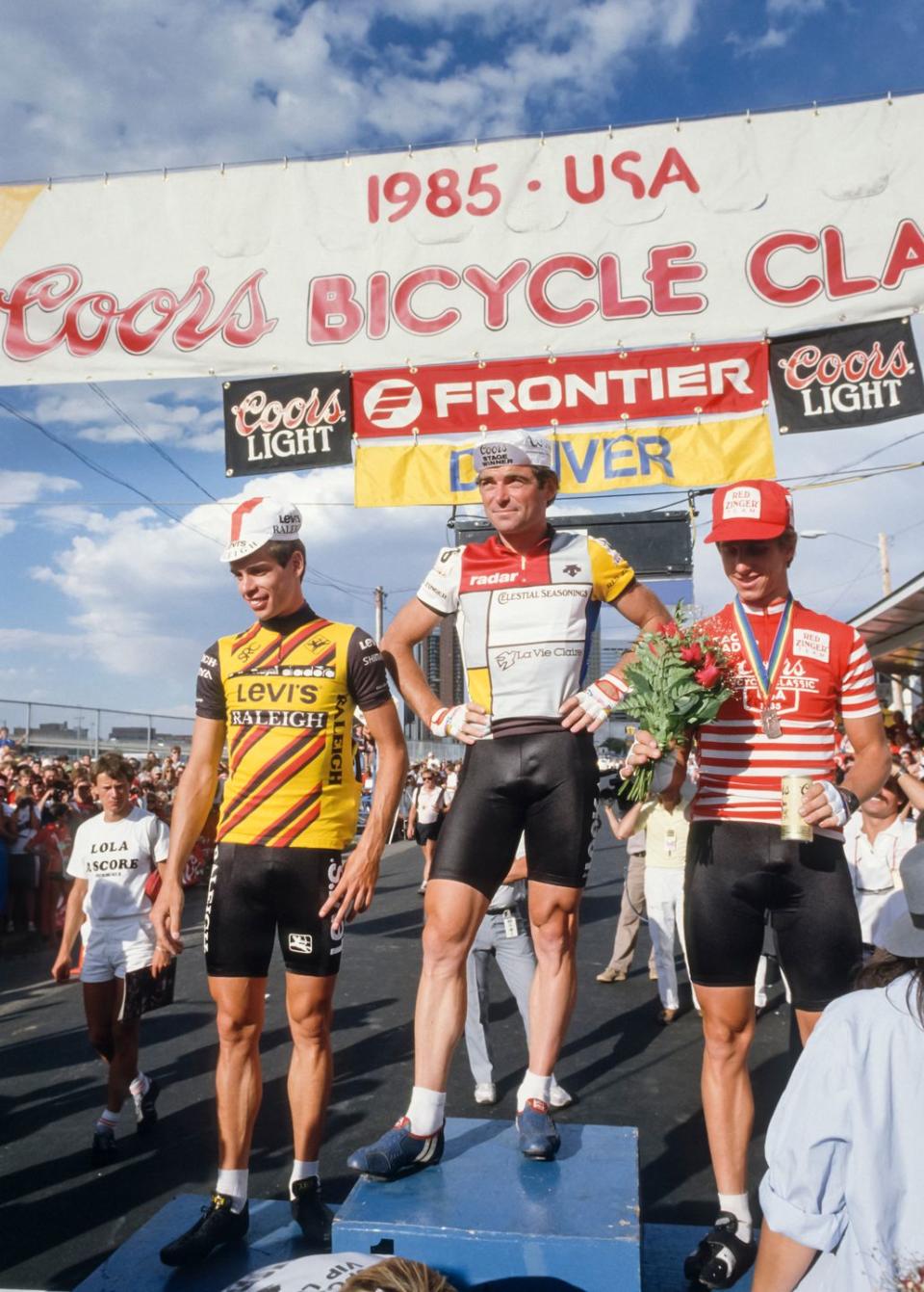 andy hampsten, bernard hinault, greg lemond stand on the podium following the denver criterium stage of the 1985 coors classic bicycle race on august 17 1985 in denver colorado