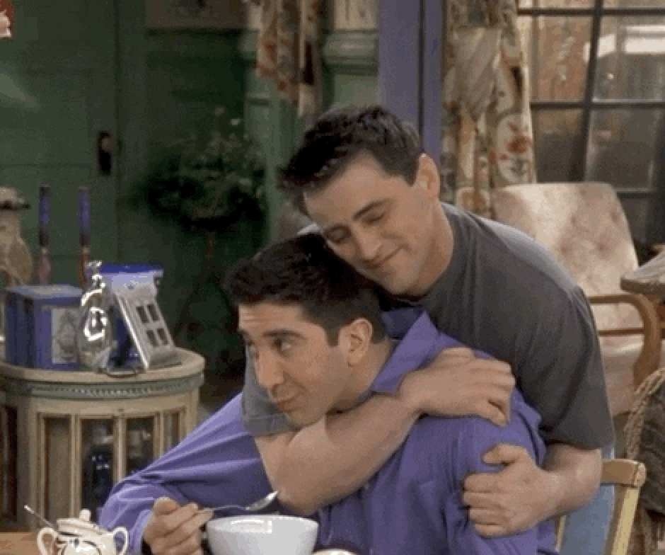 David Schwimmer and Matt LeBlanc on "Friends" hugging