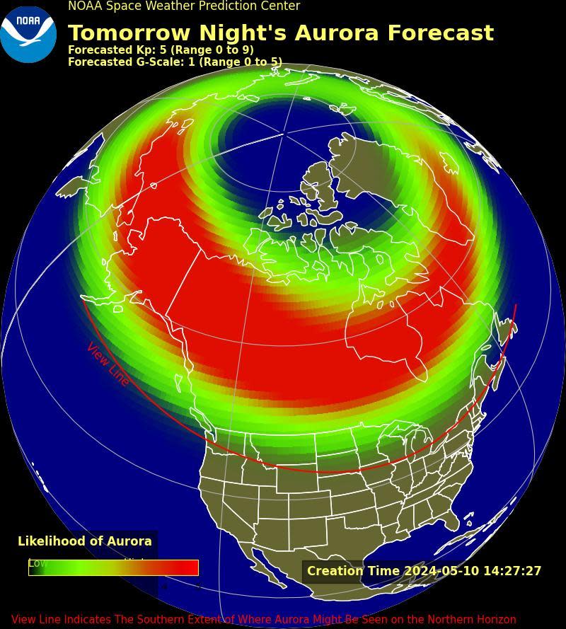 A map from the Space Weather Prediction Center shows the aurora forecast for the U.S. on May 11, 2024. / Credit: Space Weather Prediction Center