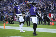 Baltimore Ravens wide receiver Odell Beckham Jr. celebrates after scoring against the Cleveland Browns during the second half on an NFL football game Sunday, Nov. 12, 2023, in Baltimore.(AP Photo/Nick Wass)