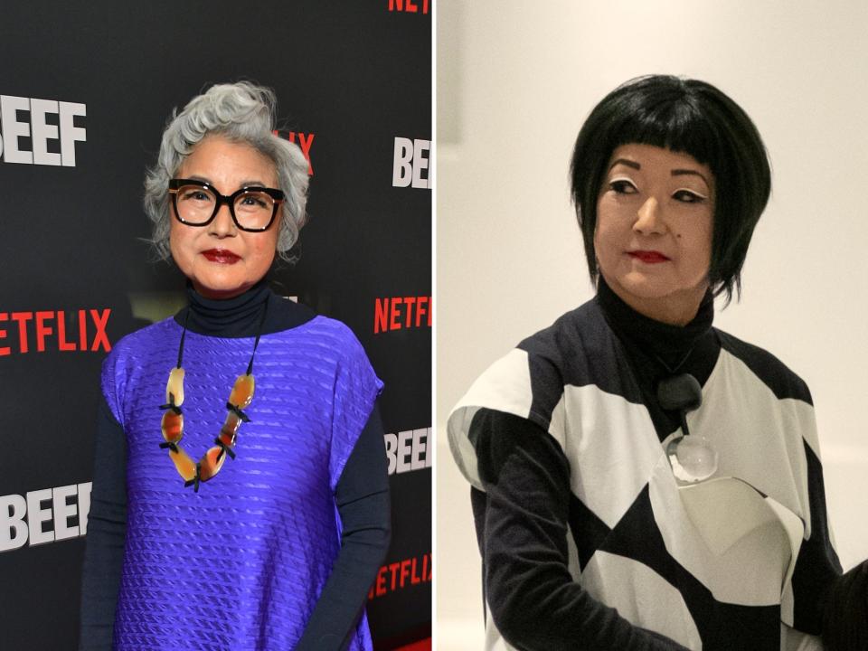 left: patti yasutake at the beef premiere, wearing a shining purple tunic over a black turtleneck; right: patti yasutake in beef as fumi, wearing a black and white tunic over a black long sleeve shirt