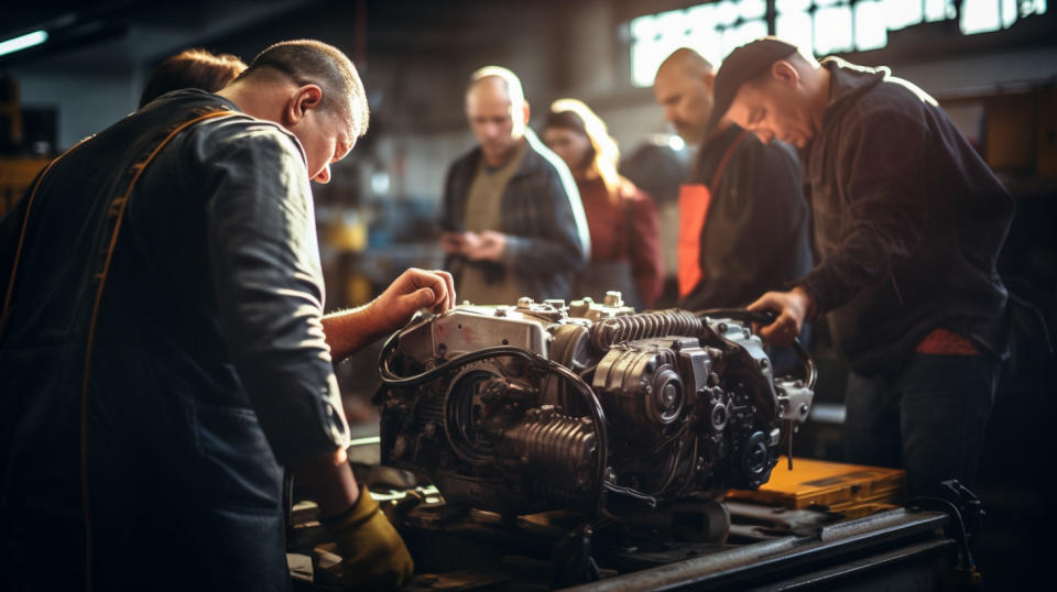 A line of mechanics diagnosing a recreation vehicle engine at a repair shop.